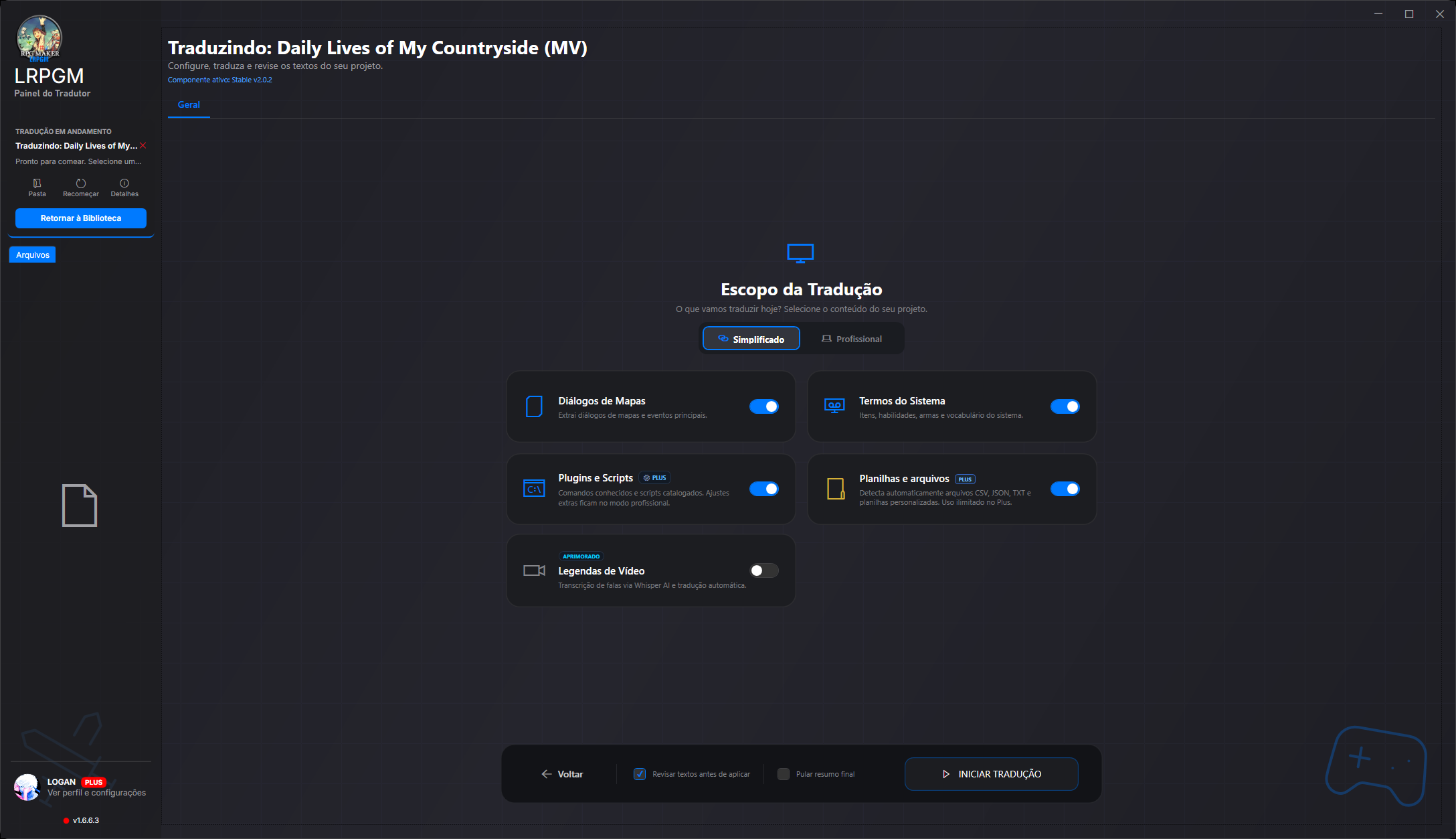 Simplified mode. Choose content by category: dialogue, system terms, plugins and additional files.