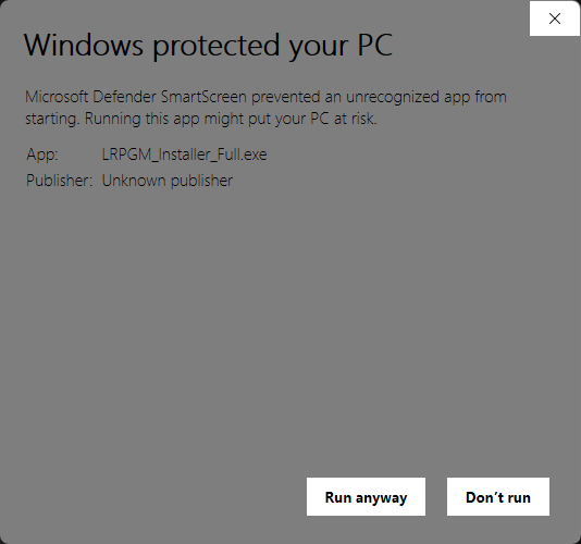 Tela do SmartScreen mostrando o arquivo LRPGM Installer Full e a opção Run anyway